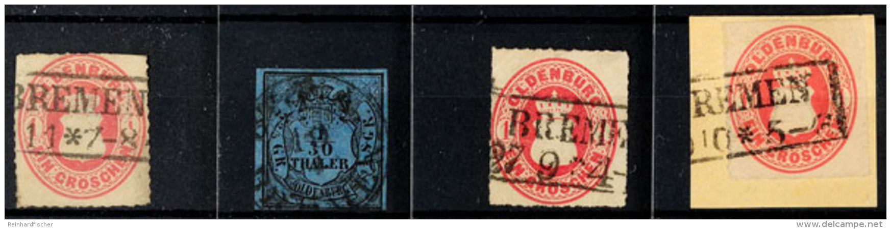 4 Verschiedene Bremen-Stempel Auf Marken Von Oldenburg, U. A. Dabei Schwarzer K2 "ST.P.A. BREMEN" Auf MiNr. 2 I... - Brême