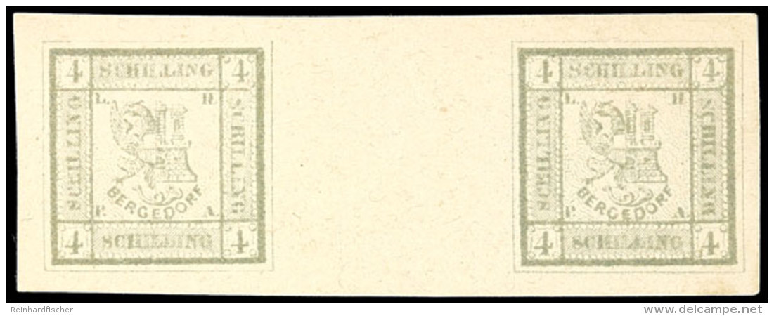 4 Schilling Olivgrau Als Essay-Nachdruck In Neuer Zeichnung  Von 1866 Im Waagerechtem Zwischenstegpaar, Tadellos... - Bergedorf