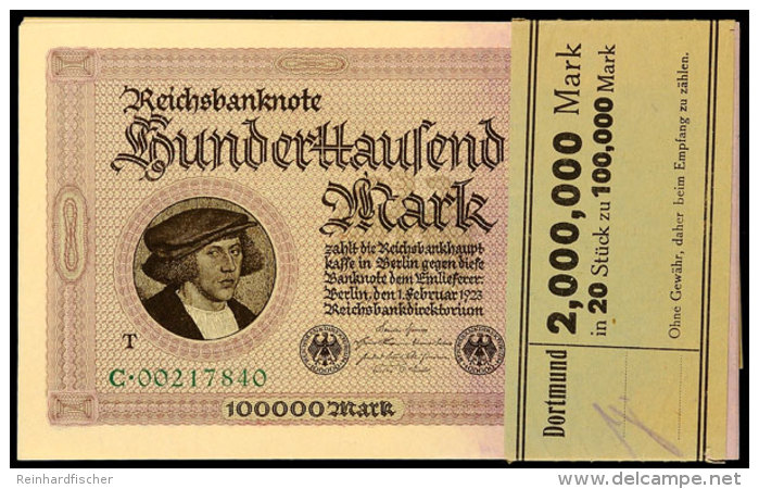 Deutsches Reich 1923, Reichsbanknote 100.000 Mark, 20 Stück Unter Originaler Banderole (Vordruck "Dortmund"),... - Autres & Non Classés