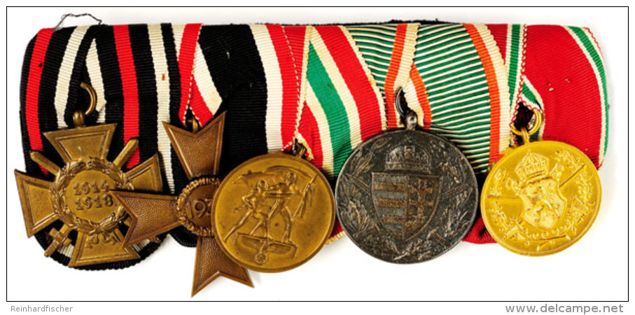 Fünferspange Mit Ehrenkreuz Des Weltkrieges Mit Schwertern, KVK2, Memelland-Medaille (selten!), Ungarische... - Non Classés