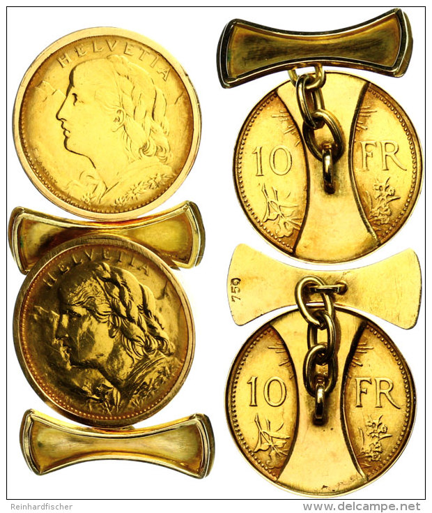 Paar Manschettenknöpfe Mit 2x 10 Franken Gold Schweiz, Fassung Aus 750er Gold Ca. 5 G.  Pair Cufflinks... - Autres & Non Classés