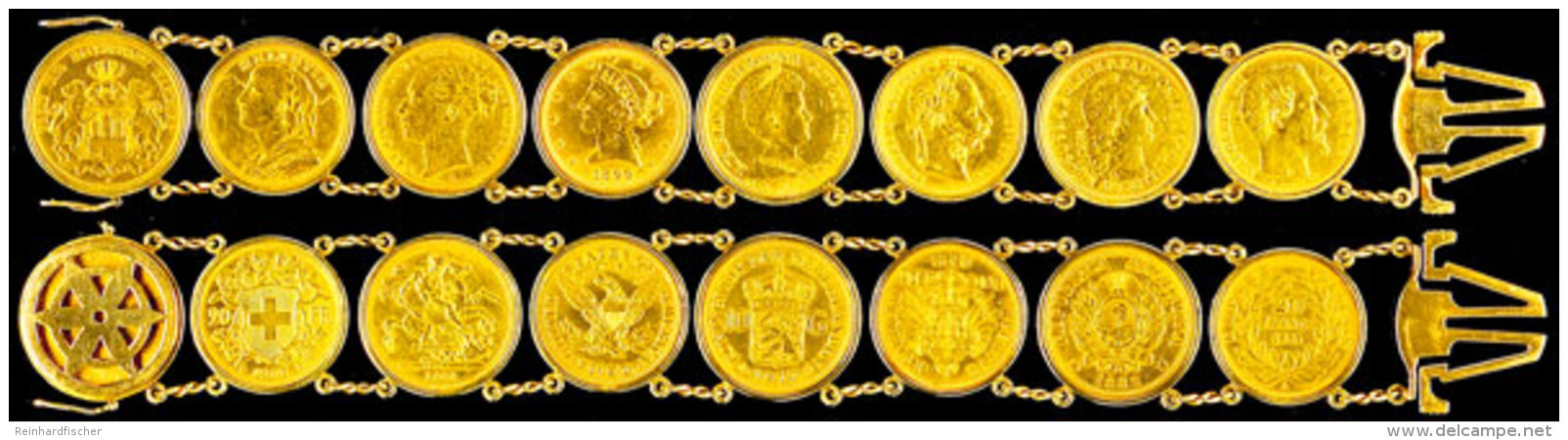 Goldarmband Mit 8 Gefassten Goldmünzen Aus Verschiedenen Ländern, Dabei 20 Mark Hamburg, 20 Franken... - Autres & Non Classés