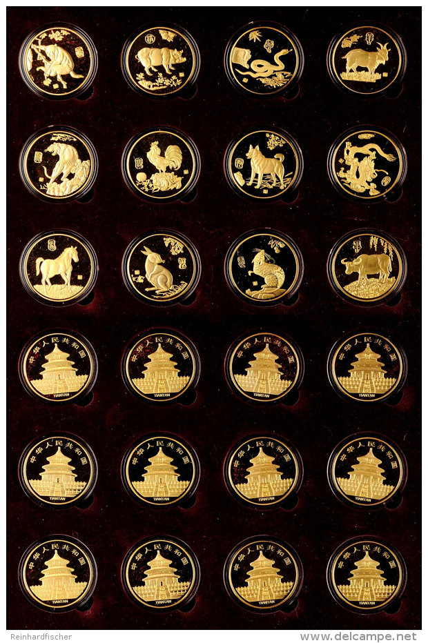 China, 12 Symbolische Tierzeichen, 12 Vergoldete Silbermedaillen, Je 28 Gr, 33 Mm, In Spezialschatulle Mit... - Autres & Non Classés