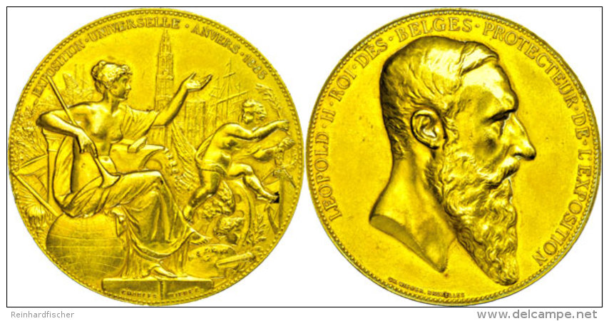 Belgien, Kupfermedaille Vergoldet Leopold II. (Dm. Ca. 60 Mm, 88,8 G) Auf Die Exposition Universelle In Antwerpen,... - Otros & Sin Clasificación