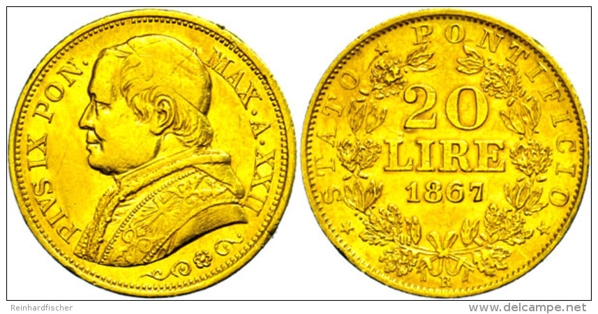 20 Lire, Gold, 1867, Pius IX., Fb. 280, Kl. Rf., Ss.  Ss20 Liras, Gold, 1867, Pius IX., Fb. 280, Small Edge... - Vaticano (Ciudad Del)