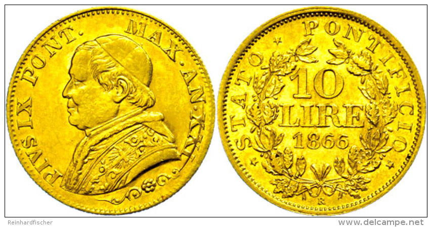 10 Lire, Gold, 1867, Pius IX., Fb. 281, Kl. Rf., Kratzer, Ss-vz.  Ss-vz10 Liras, Gold, 1867, Pius IX., Fb. 281,... - Vatican