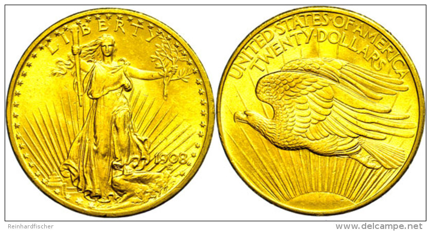 20 Dollars Gold, 1908, Double Eagle, Liberty Standing, Fb. 185, Kleine Randfehler, Ss-vz.  Ss-vz20 Dollars... - Autres & Non Classés