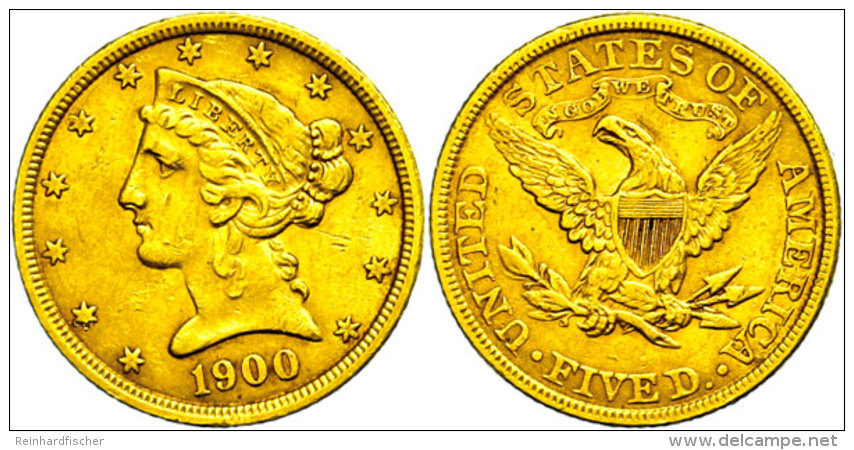 5 Dollars, Gold, 1900, Coroned Head, Philadelphia, Fb. 143, Ss.  Ss5 Dollars, Gold, 1900, Coroned Head,... - Otros & Sin Clasificación