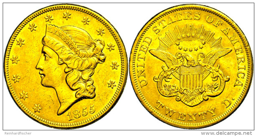 20 Dollars Gold, 1855, Double Eagle, Liberty Head, Fb. 169, Kleine Randfehler, Ss-vz.  Ss-vz20 Dollars Gold,... - Autres & Non Classés