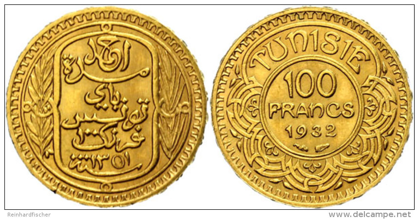 100 Francs Gold, 1932, Ahmad II. Bei, Fb. 14, KM 257, Vz-st.  Vz-st100 Franc Gold, 1932, Ahmad II. By, Fb. 14,... - Túnez