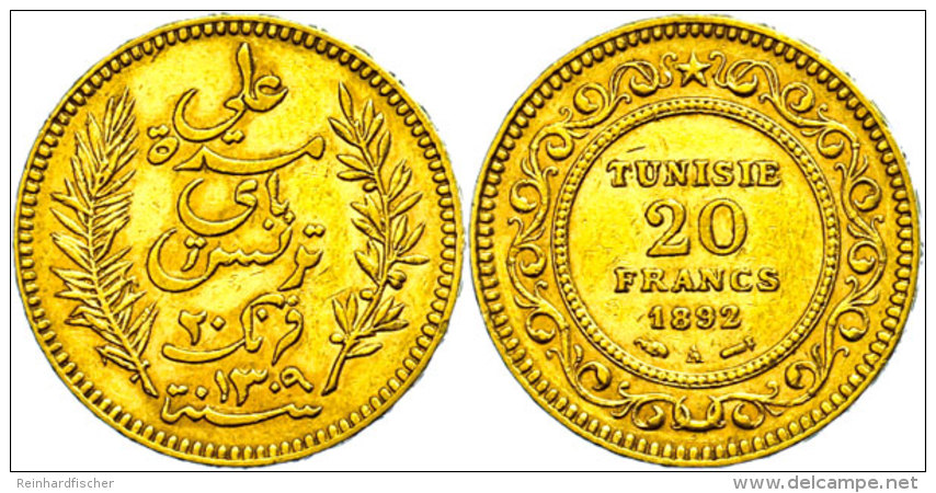 20 Francs, Gold, 1892, Ali Bei, Fb. 12, Ss.  Ss20 Franc, Gold, 1892, Ali By, Fb. 12, Very Fine.  Ss - Túnez