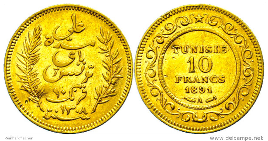 10 Francs, Gold, 1891, Ali Bei, Fb. 13, KM 226, Kl. Rf. Und Schalg, Ss.  Ss10 Franc, Gold, 1891, Ali By, Fb.... - Tunisie