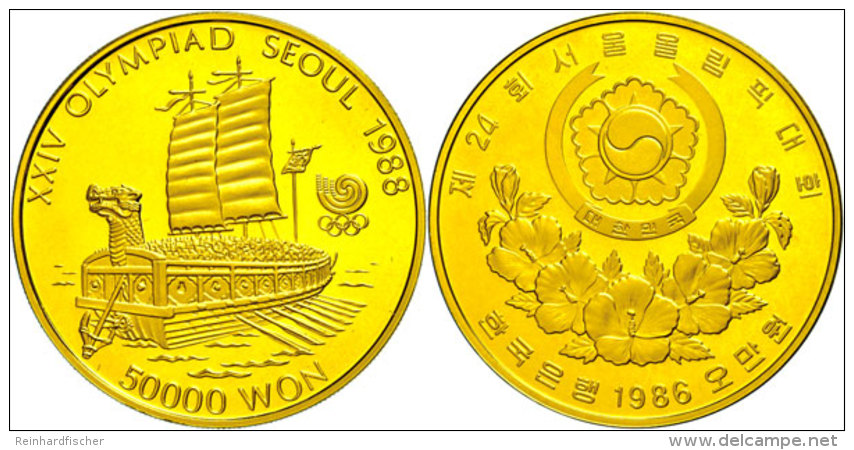 50000 Won, Gold, 1986, Schildkrötenboot, Fb. 7, 31,1g Fein, Mit Zertifikat In Ausgabeschatulle, PP. ... - Coreal Del Sur