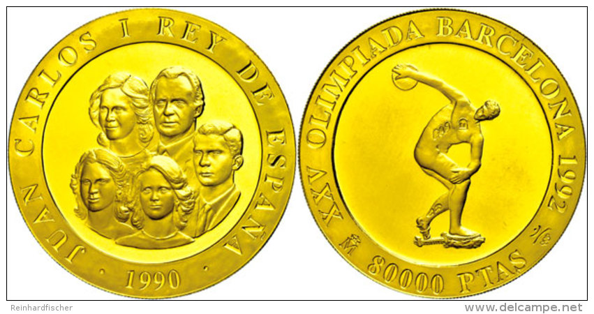 8000 Pesetas, Gold, 1990, 25. Olympische Sommerspiele In Barcelona - Diskuswerfer, Fb. 355, Mit Zertifikat In... - Otros & Sin Clasificación