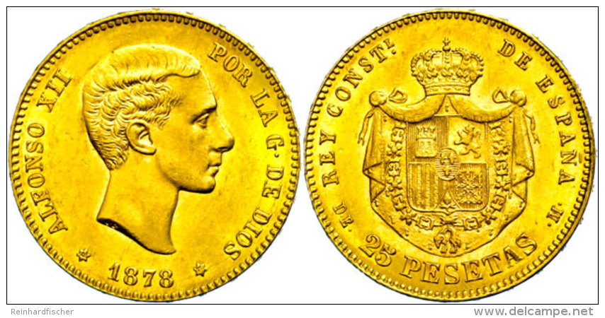 25 Pesetas, Gold, 1878, Alfonso XII., Fb. 342, Vz+.  25 Pesetas, Gold, 1878, Alfonso XII., Fb. 342, Extremly... - Autres & Non Classés