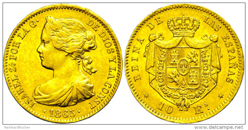 10 Escudos, Gold, 1865, Isabel II., Fb. 336, Kl. Rf., Ss-vz.  Ss-vz10 Escudos, Gold, 1865, Isabel II., Fb. 336,... - Other & Unclassified
