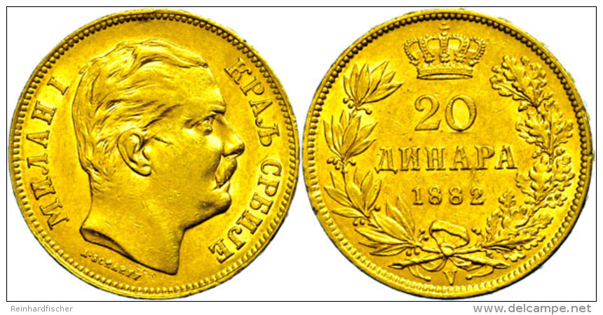 20 Dinara, Gold, 1882, Milan Obrenovich IV., Fb. 4, Kl. Rf., Ss-vz.  Ss-vz20 Dinara, Gold, 1882, Kite... - Serbie