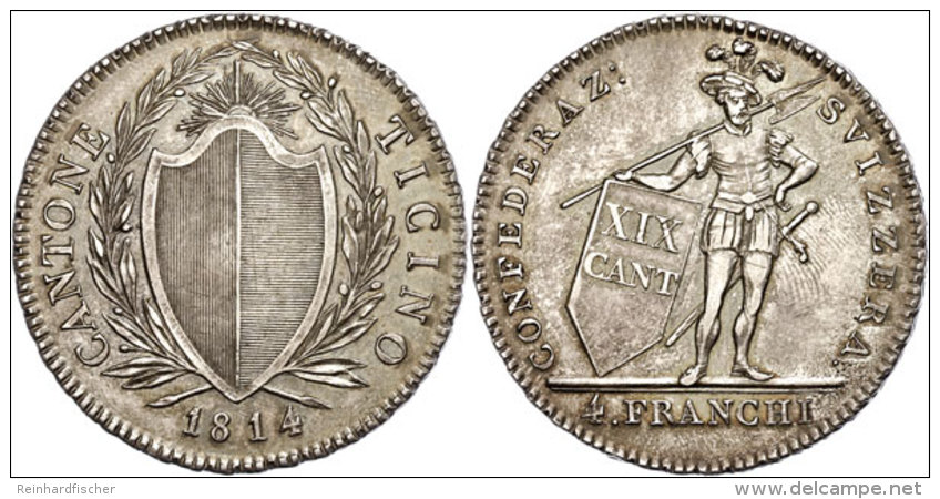 Tessin, 4 Franken, 1814, Ohne Stern, HMZ 2-923b, Schöne Patina, Ss-vz  Ss-vzTicino, 4 Franc, 1814, Without... - Autres & Non Classés