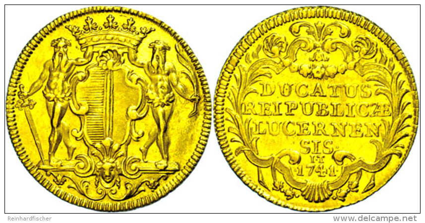 Luzern, 1 Dukat Gold, 1741, Wappenschild Mit 2 Wilden Männern, Rs. 4zeilige Schrift, FB 323, KM 62, Ss-vz ... - Otros & Sin Clasificación