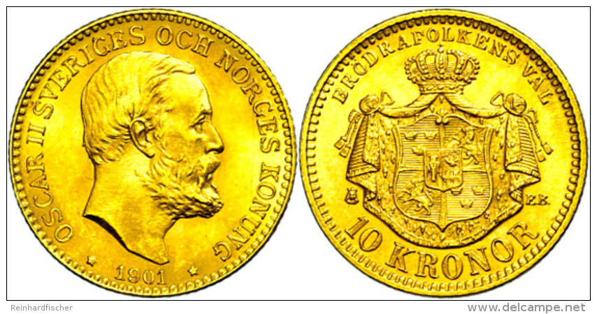 10 Kronen, Gold, 1901, Oskar II., Fb. 94b, Vz.  Vz10 Coronas, Gold, 1901, Oskar II., Fb. 94b, Extremley Fine ... - Suède