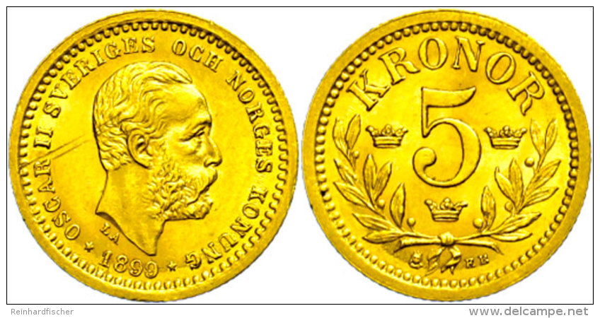 5 Krone, Gold, 1899, Oskar II., Fb. 95, Kratzer Auf Avers, Vz.  Vz5 Crown, Gold, 1899, Oskar II., Fb. 95,... - Suède