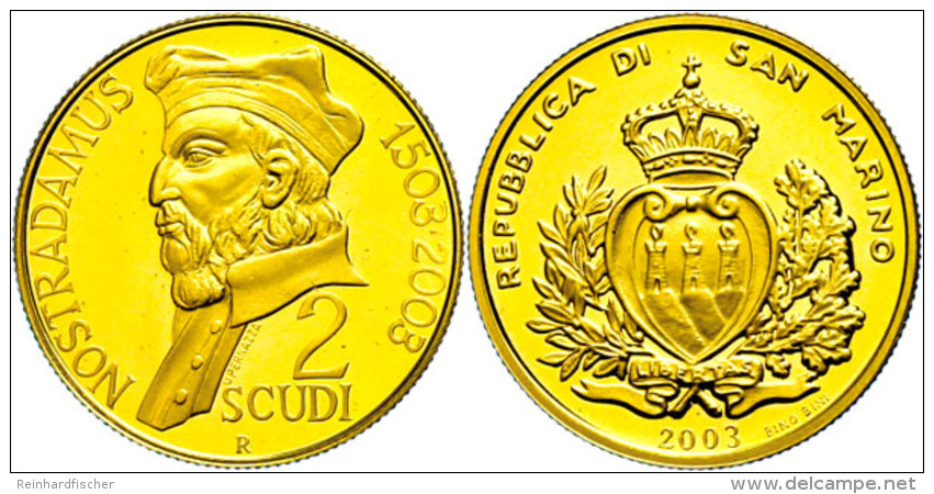 2 Scudi, Gold, 2003, Rom, Nostradamus, Fb. 94, Ca. 5,81g Fein, Mit Zertifikat In Ausgabeschatulle, PP.  PP2... - Saint-Marin