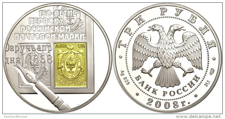 3 Rubel, 2008, Inlay Prägung Ag 925/ Au 999, 150 Jahre Ausgabe Der Ersten Russischen Briefmarke, Parchimowicz... - Rusia