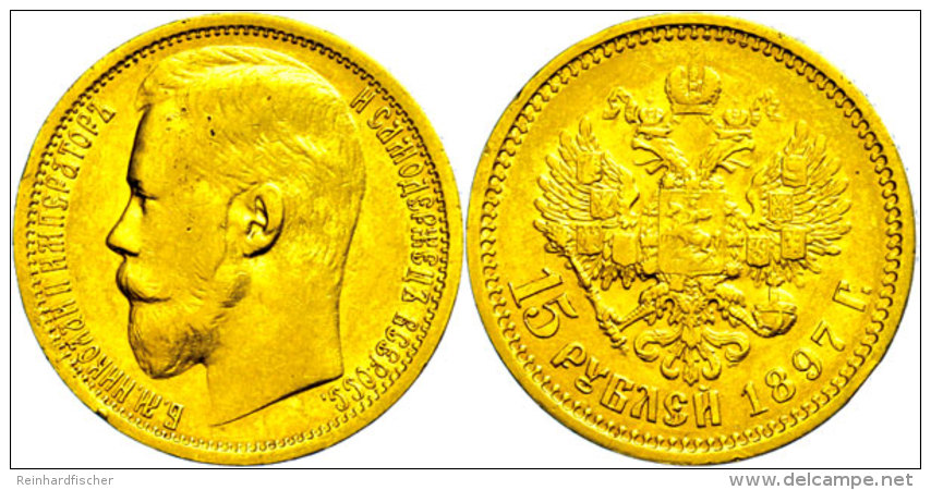 15 Rubel, Gold, 1897, Nikolaus II., Fb. 177, Randfehler, Ss.  Ss15 Rouble, Gold, 1897, Nikolaus II., Fb. 177,... - Russie