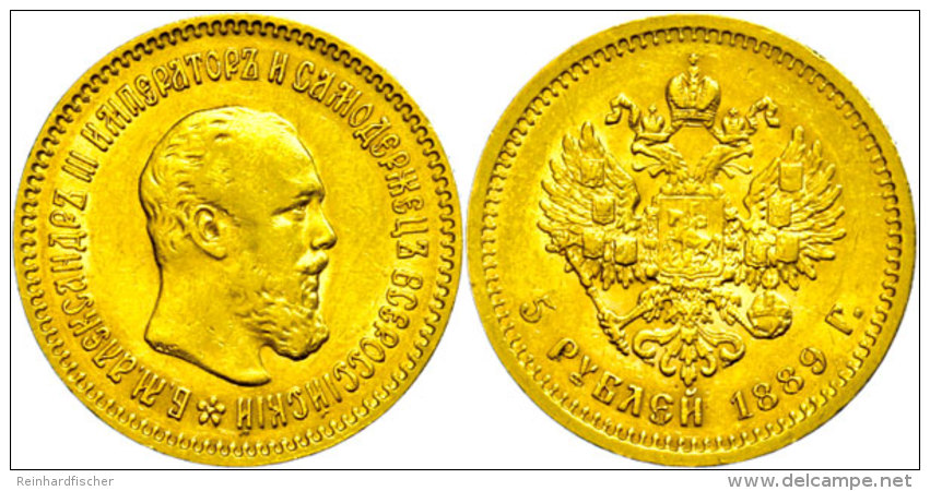5 Rubel, Gold, 1889, Alexander III., Fb. 169, Kl. Rf., Ss.  Ss5 Rouble, Gold, 1889, Alexander III., Fb. 169,... - Russie