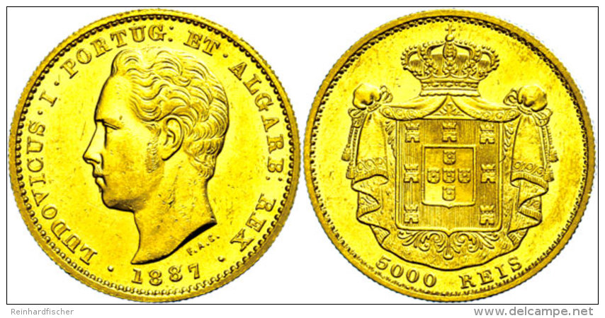 5000 Reis, Gold, 1887, Luis I., Fb. 153, Vz.  Vz5000 Rice, Gold, 1887, Luis I., Fb. 153, Extremley Fine  Vz - Portugal