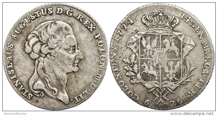 6 Zloty, 1794, Stanislaus August, Kl. Schrötlingsfehler, Ss.  Ss6 Zloty, 1794, Stanislaus August, Small... - Pologne
