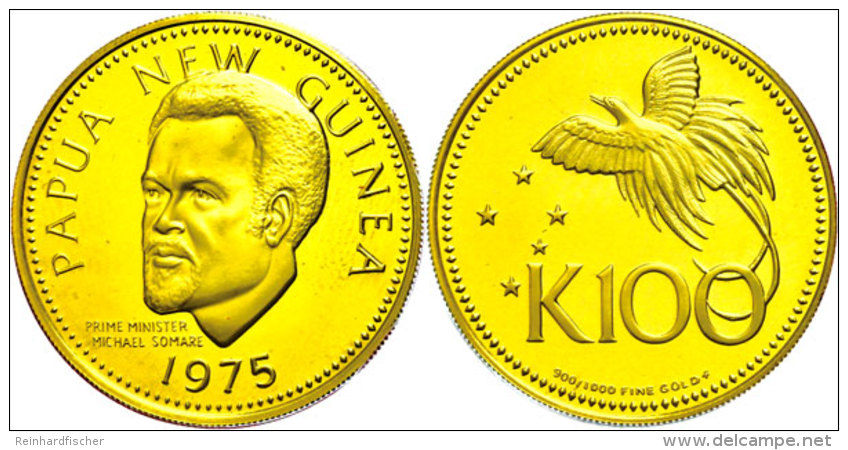 100 Kina, 1975, 900er Gold, 9,57g, Sir Michael Thomas Somare, Sch. 9, KM 9, Im Blister, PP  PP100 Kina, 1975,... - Papúa Nueva Guinea