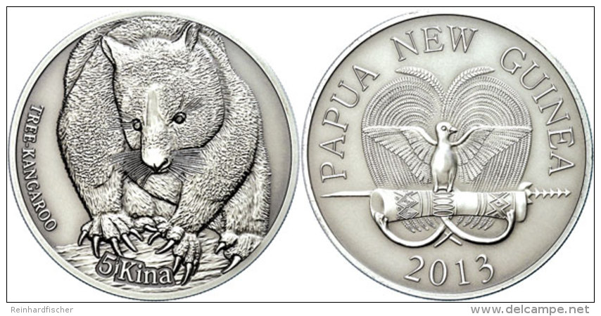 5 Kina, 2013, 1 Oz 999 Silber Mit Zwei Schwarzen Diamanten (1.00mm, 0,005 Karat), Baumkänguru, Antik Finish,... - Papouasie-Nouvelle-Guinée