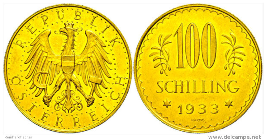 100 Schilling, Gold, 1933, Fb. 520, J. 437, Kl. Rf., Vz. Seltener Jahrgang.  Vz100 Shilling, Gold, 1933, Fb.... - Oostenrijk