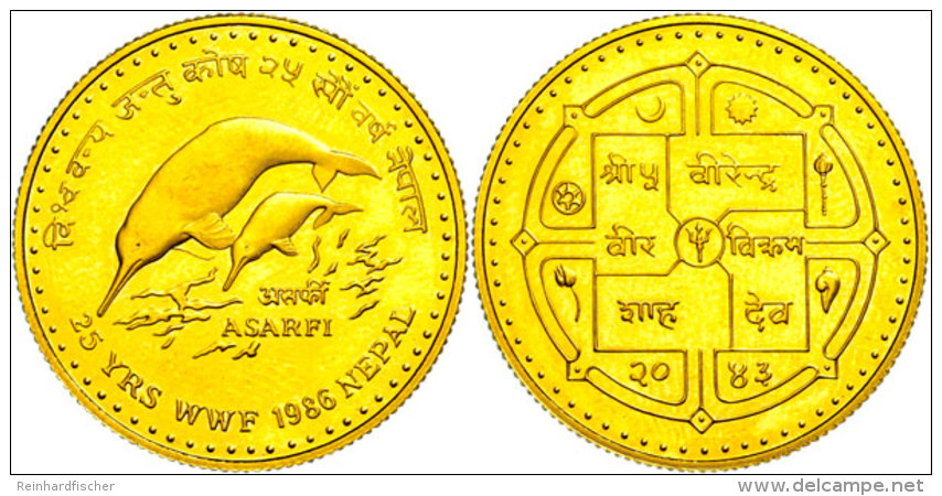 1 Tola Asarfi, Gold, 1986, Ganges Delphine, Fb. 61, Fingerabdrücke, Berührte PP.  PP1 Tola Asarfi,... - Népal