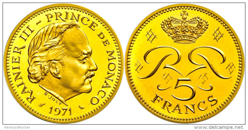 5 Francs, Gold, 1971, Probe, Rainer III., 39,15g, 920er Gold, KM PE16b, Auflage Nur 250 Stück!, St.  St5... - Autres & Non Classés