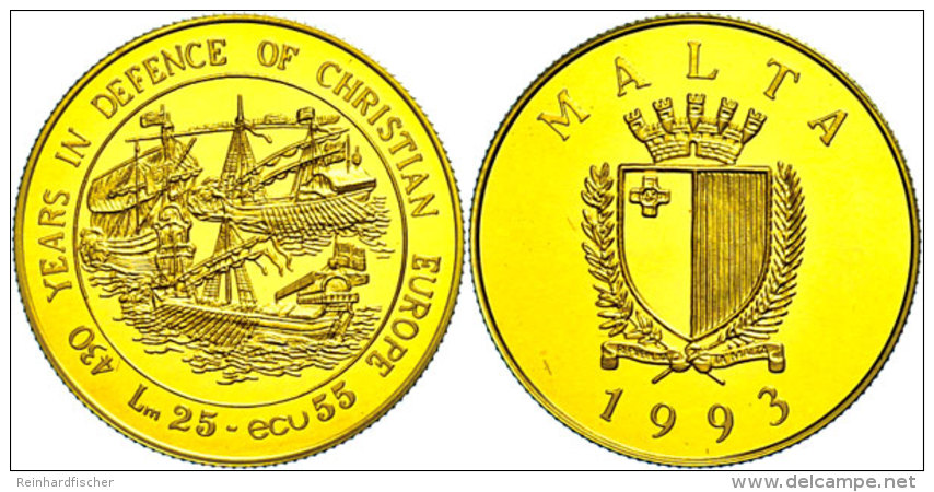 25 Liri (50 Ecu), Gold, 1993, 430 Jahre Verteidigung Des Christlichen Europa, Mit Zertifikat In Ausgabeschatulle,... - Malte