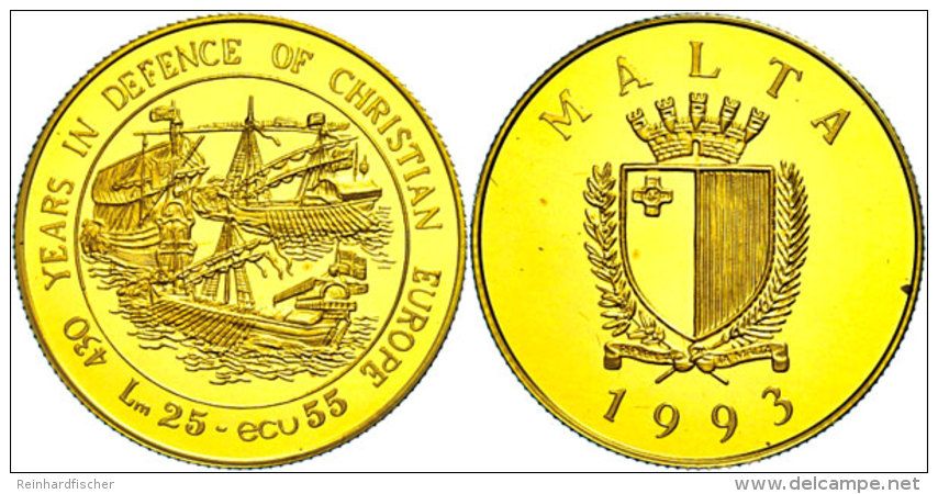 25 Liri (50 Ecu), Gold, 1993, 430 Jahre Verteidigung Des Christlichen Europa, In Kapsel, KM 105, PP.  PP25 Liri... - Malte