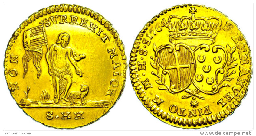 20 Scudi (15,73g), Gold, 1764, Emmanuel Pinto, Valetta. Av: Gekröntes Wappen, Darum Umschrift. Rev: Heilige... - Malte
