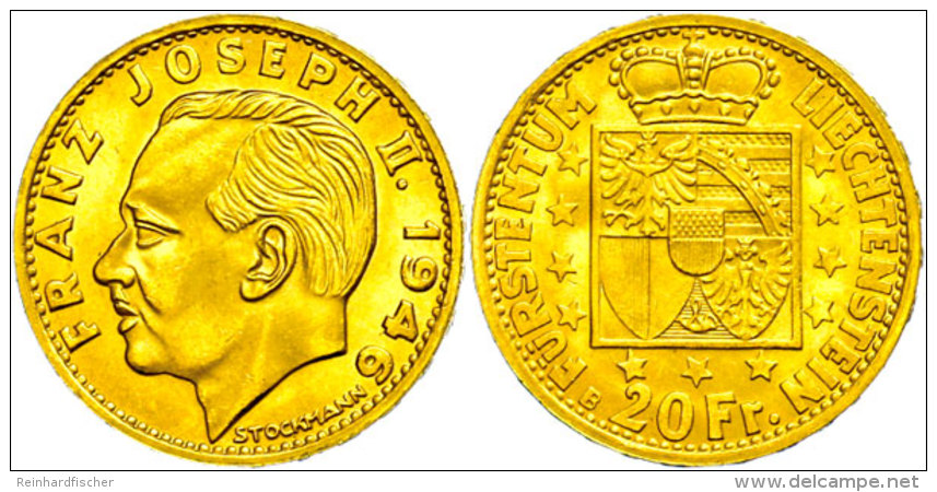 20 Franken, Gold, 1946, Franz Joseph II., Fb. 17, Vz-st.  Vz-st20 Franc, Gold, 1946, Francis Joseph II., Fb.... - Liechtenstein