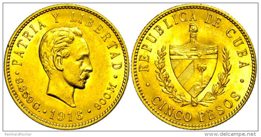 5 Pesos, Gold, 1916, Fb. 4, F. Vz.  5 Peso, Gold, 1916, Fb. 4, F. Extremley Fine - Cuba