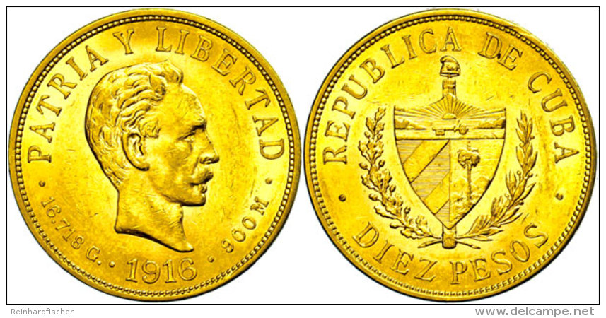 10 Pesos, Gold, 1916, Fb. 3, Ss-vz.  Ss-vz10 Peso, Gold, 1916, Fb. 3, Very Fine To Extremly Fine.  Ss-vz - Cuba