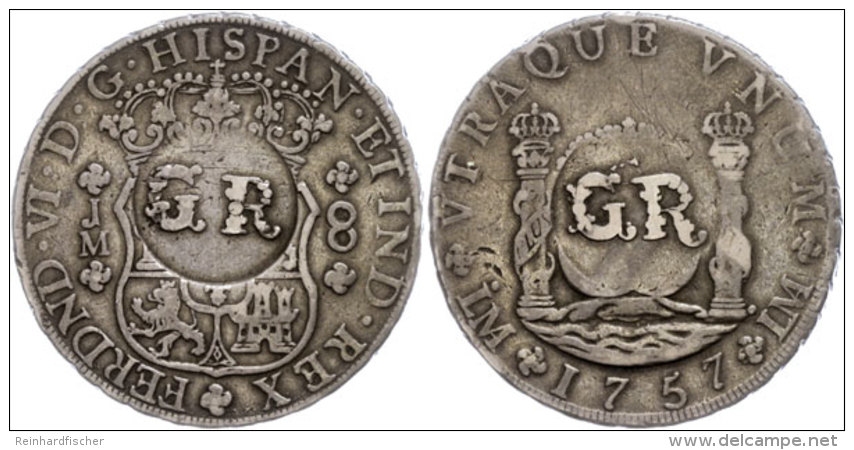 6 Shillings 8 Pence, O.J.(1758), Georg II., Gegenstempel "GR" Auf 8 Reales 1757 (Lima), Kratzer, Selten,... - Jamaica
