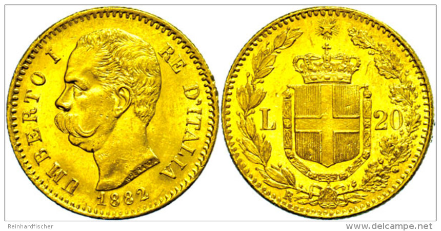 20 Lire, Gold, 1882, Umberto I., Fb. 21, Randfehler, Vz.  Vz20 Liras, Gold, 1882, Umberto I., Fb. 21, Margin... - Otros & Sin Clasificación
