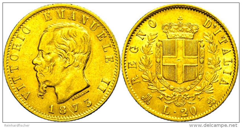 20 Lire, Gold, 1873, Victor Emanuel II., Mailand, Fb. 13, Kl. Rf., Kratzer, Ss.  Ss20 Liras, Gold, 1873, Victor... - Autres & Non Classés