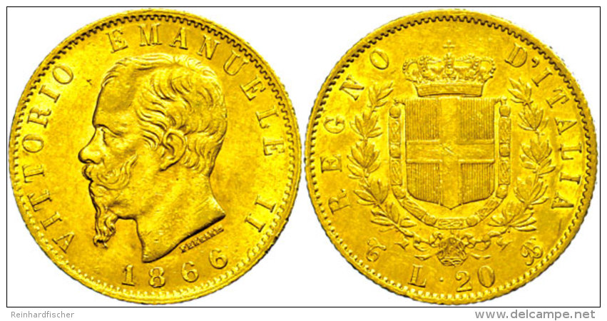 20 Lire, Gold, 1866, Victor Emanuel II., Turin, Fb. 11, Kl. Rf., Ss.  Ss20 Liras, Gold, 1866, Victor Immanuel... - Sonstige & Ohne Zuordnung