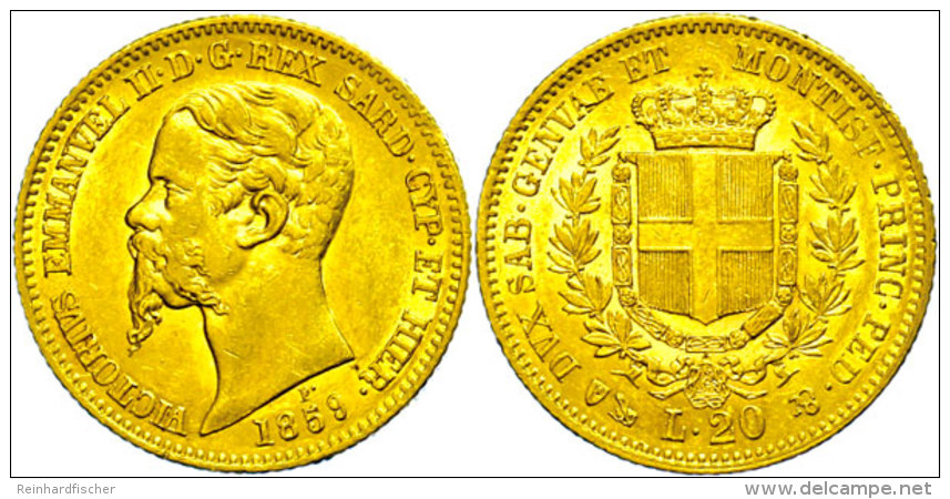 Sardinien, 20 Lire, Gold, 1859, Victor Emanuel II., Mzz. Anker, Fb. 1147, Kl. Rf., Ss+.  Sardinia, 20 Liras,... - Otros & Sin Clasificación