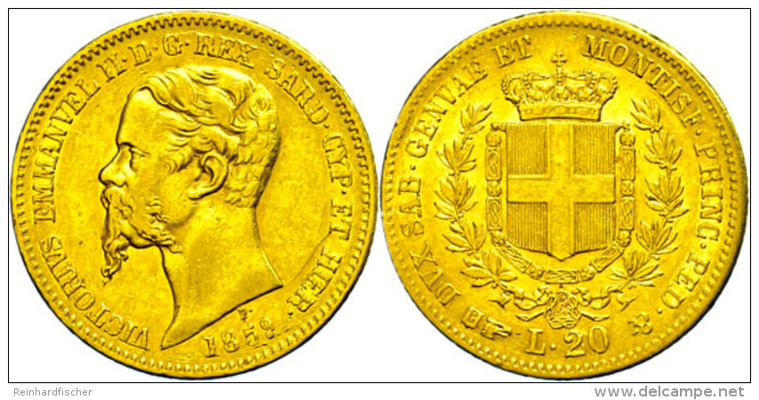 Sardinien, 20 Lire, Gold, 1859, Victor Emanuel II., Mzz. Adlerkopf, Fb. 1146, Kl. Rf., Ss.  SsSardinia, 20... - Autres & Non Classés