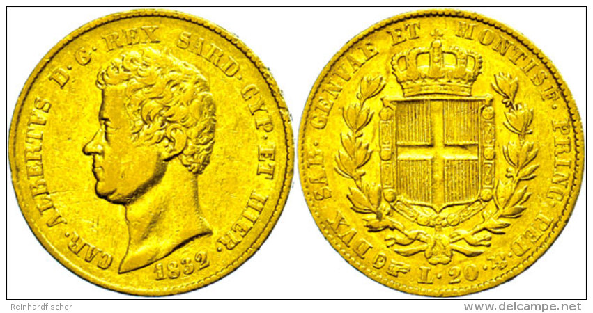Sardinien, 20 Lire, Gold, 1832, Karl Albert, Mzz. Adlerkopf, Fb. 1142, Kl. Rf., Ss.  SsSardinia, 20 Liras,... - Autres & Non Classés