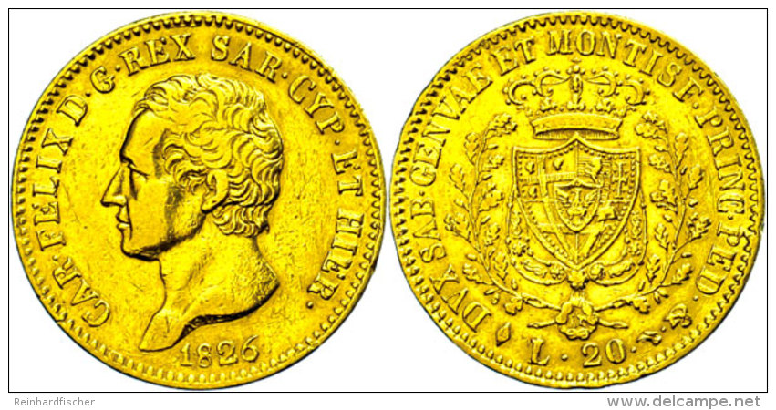 Sardinien, 20 Lire, Gold, 1826, Karl Felix, Fb. 1136, Kl. Rf., Poliert, Ss.  SsSardinia, 20 Liras, Gold, 1826,... - Otros & Sin Clasificación